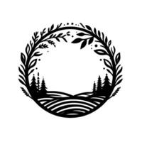 Minimalist black and white nature illustration in a circular frame, featuring a serene landscape, leaves, and trees, ideal for logos or elements. vector