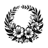Elegant Black and White Floral Wreath Stylized flowers, leaves, and vines form a circular design, creating a classic, minimalist, and decorative border. vector
