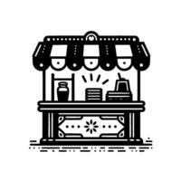 Minimalist black and white illustration of a stylized outdoor market stall with awning, displaying jar, stack, and register. vector