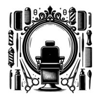 Illustration of a Barber Shop Setup Chair, Mirror, and Tools in a Symmetrical, Black and White Design. vector
