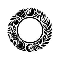 A detailed monochrome botanical wreath, with fruits, leaves and a central circular blank space, perfect for text or a element. vector