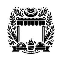 Decorative black and white bakery frame with sweets, foliage, and a canopy for a vintage or rustic design. vector