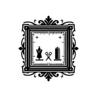 Ornate Black and White Tailors Emblem Dress Form, Scissors, and Thread Spool within a Framed Design, Perfect for a or Branding. vector