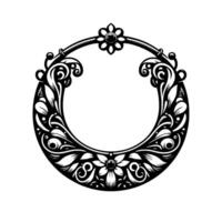 Elegant Black White Circular Floral Frame with Intricate Scrollwork and Decorative Accents, Isolated on White. vector