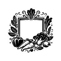 Monochromatic Vegetable Wreath with Center Frame for FoodThemed Design, Featuring Pepper, Carrots, and Leafy Greens. vector