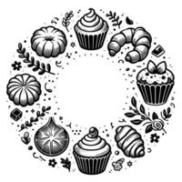 Black and white illustration of a circular arrangement of pastries, fruits, and floral elements, creating a whimsical, handcrafted design. vector