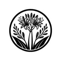 Elegant black and white floral emblem featuring two lilies, surrounded by leaves, contained within a circular border. vector