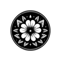 Black and white symmetrical floral illustration with flower petals, leaves, and starlike shapes arranged within a circular frame. vector