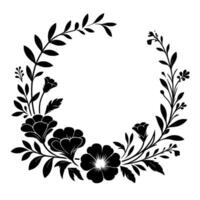 Elegant, monochrome floral wreath with stylized flowers, leaves, and branches, creating a symmetrical circular frame on a clean white background. vector