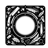 Ornate Black and White Square Frame with Tools, Leafy Elements, and Central Circular Void. vector