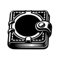 A bold, symmetrical black and white illustration of a closed, squareshaped wallet, with a prominent circular opening and strap. vector