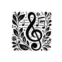 A Black and White Illustration of a Treble Clef and Musical Notes Adorned with Floral Elements, Creating a Harmonious Artistic Composition. vector