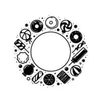 Circular confectionery illustration with a white center, featuring stylized donuts, candies, and lollipops in a whimsical, monochrome design. vector