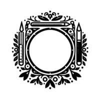 Intricate black and white circular frame featuring tools for precision, adorned with floral and ornamental details. vector