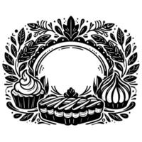 Black and white illustration of a cake frame, featuring a cupcake, cake, and pastry, surrounded by leafy elements. vector