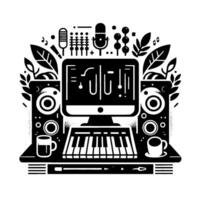 Black and white representation of a home music studio with keyboard, speakers, microphone, and greenery elements. vector