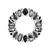Elegant Black and White Food and Floral Wreath Bakery Icons, Seeds, Dessert, and Botanical Elements Arranged in a Circular Frame. vector