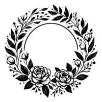 Elegant Monochrome Floral Wreath with Roses, Buds and Leaves, Enclosing Empty Circular Space, perfect for Invitations or Decor. vector