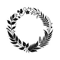 Elegant Black and White Floral Wreath Illustration featuring Diverse Leaf and Flower Elements, Circular Botanical Design. vector