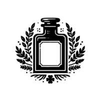 illustration of a stylized black apothecary bottle with a blank label surrounded by floral elements and a fourleaf clover. vector