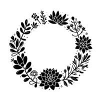 A minimalist, blackandwhite floral wreath illustration featuring stylized succulents, leaves, and various botanical elements in a circular arrangement, set against a clean white backdrop. vector