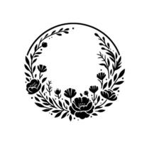 Detailed black and white floral wreath with diverse flower and leaf types, arranged in a circular on a white backdrop. vector