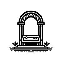 Elegant Black and White Architectural Illustration of an Archway, Table, and Foliage with Geometric Detailing. vector