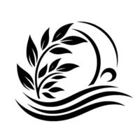 Black and white of a leafy branch emerging from stylized water with a curved arch, resembling an abstract or emblem. vector