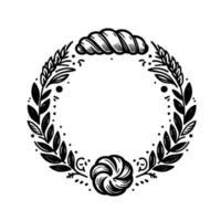 Black and white decorative illustration of a wreath containing breadlike objects and leafy embellishments, symmetrical. vector