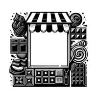 Whimsical Black and White Illustration of a Shopfront surrounded by Stylized Decorative Elements and Geometric Patterns vector