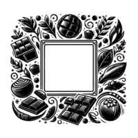 Intricate Black White Illustration of a Square Frame Adorned with Chocolate, Leaves, and Confectionery Elements. vector