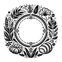Intricate black and white circular floral and harvest wreath, with central empty space for text, a decorative design. vector
