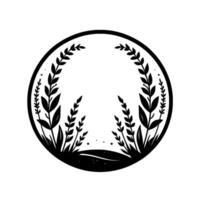 Circular Botanical Illustration Black and White Plant Silhouette Inside a Frame, Minimalistic Nature Theme with Leaf and Branch Elements. vector
