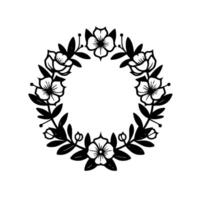 Elegant black and white botanical wreath with delicate flowers and leaves arranged in a circular composition. vector
