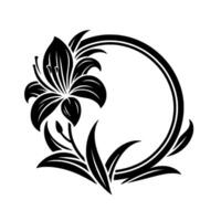 Elegant Black and White Lily Floral with Circle Frame, Perfect for Logos and Decorative Elements. vector