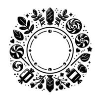 Whimsical Black and White Circular Illustration Featuring Candies, Leaves, and a Blank Inner Circle, Suitable for or Elements. vector