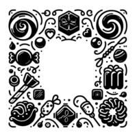Whimsical Black and White Candy Frame A Sweet Treat Border Featuring Various Confectionery Delights with a Central Empty Space. vector