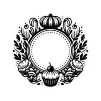 Intricate black and white illustration of a circular frame adorned with stylized cupcakes, floral elements, and a crown, perfect for bakery or invitation design. vector
