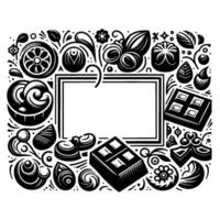 Monochrome confectionery border with blank rectangle, featuring chocolates, pastries, leaves, and decorative floral elements. vector