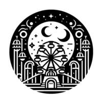 Black and White Circular Illustration of a Fairground Under a Night Sky with Ferris Wheel, Moon, Stars and Stylized Architecture. vector