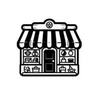 A charming black and white illustration of a small, inviting shop with a striped awning, displaying various goods and toys in its windows and shelves, creating a welcoming ambiance. vector