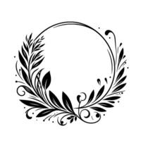 Elegant Black and White Floral Circle with Detailed Leaf and Vine Elements, Minimalist Aesthetic, Perfect for Invitations and Decorative Use. vector