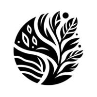 Intricate black and white geometric illustration within a circular shape, featuring stylized leaves, organic lines, and decorative elements. vector