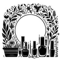 Floral Nail Art Studio with a Circular Frame and Tools, Black and White Illustration. vector