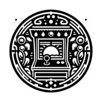 Circular, Stylized Black and White Illustration featuring an arcade game machine, surrounded by decorative floral and geometric patterns. vector