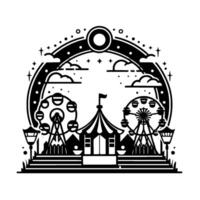 Stylized Black and White Illustration of a Festive Carnival Scene with Ferris Wheels, Tent, and Celestial Elements. vector
