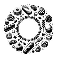 Circular Monochrome Arrangement of Various Pastries, Surrounding a Blank Frame, In a Decorative Artistic Style. vector