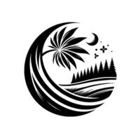 A stylized black and white emblem features a palm tree, crescent moon, floral details, and a forest landscape within a circular design. vector