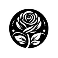 Stylized Black and White Rose in a Circular Frame with Elegant Petals and Leaf Details, a floral artistic design. vector