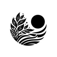 Abstract Black and White Circular Illustration Leafy Branch, Sun, and Striped Landscape Elements, Forming a Harmonious Design. vector